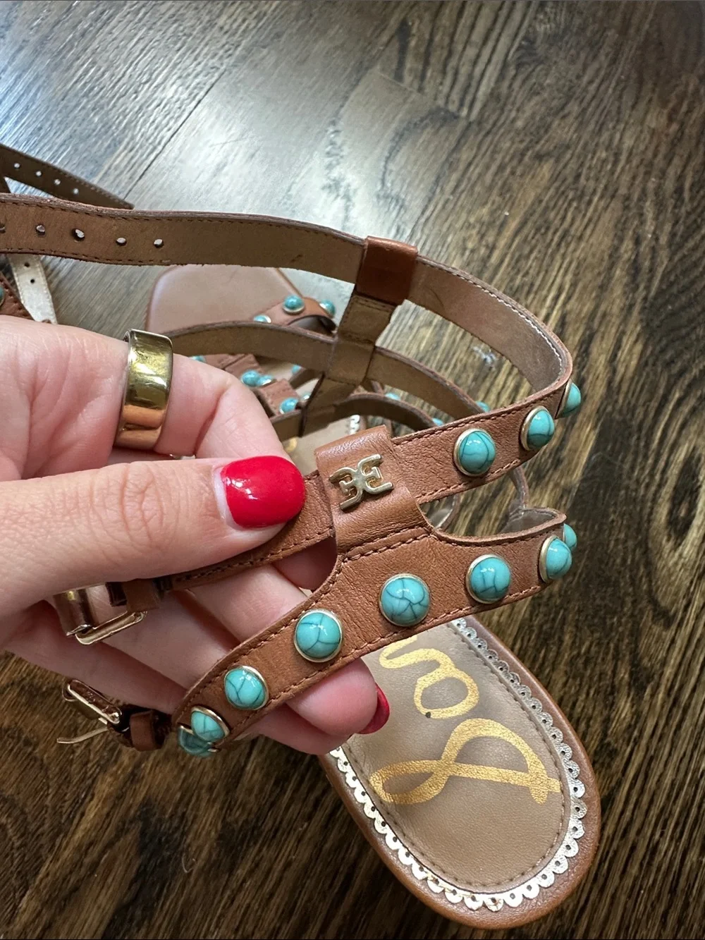 Sam Edelman Tan Leather Studded Turquoise Strap Sandals, size 9